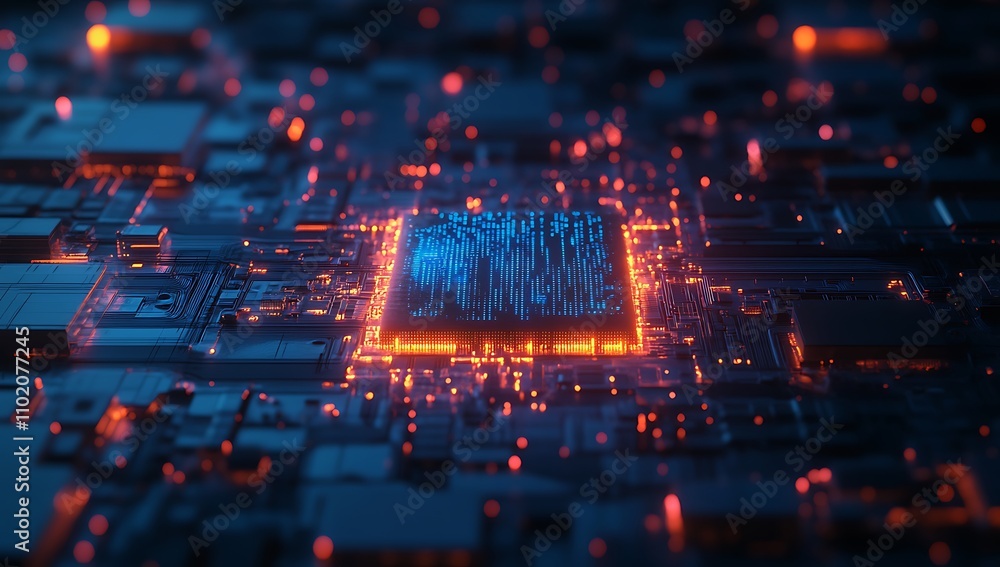 Poster high-tech blue circuit board with glowing elements showcasing advanced electronic technology and int
