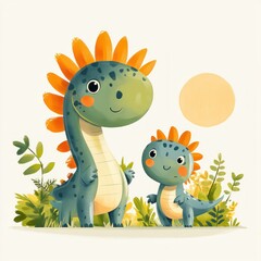 Obraz premium Two Adorable Dinosaurs Stand Together In Lush Greenery