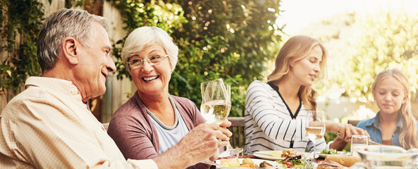 Happy, lunch and family with children in garden for brunch, dinner and eating together. Banner,...
