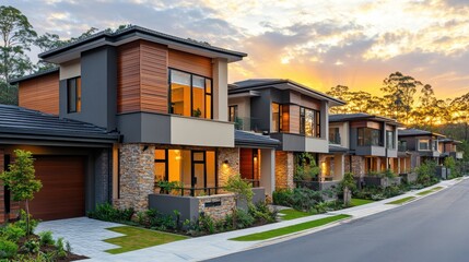 Fototapeta premium Modern suburban homes with elegant designs during sunset in a peaceful neighborhood