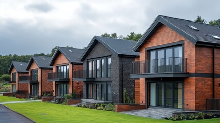 Modern residential buildings with wooden accents in a serene neighborhood setting