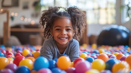 A cheerful child lies happily in a colorful ball pit, surrounded by a multitude of vibrant plastic balls, in a cozy, warmly lit playroom.