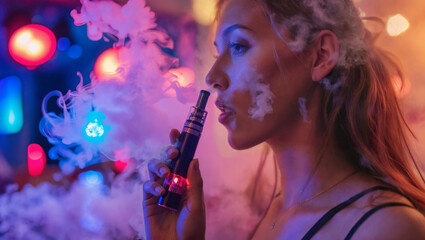 Woman exhaling smoke while vaping in a neon-lit environment