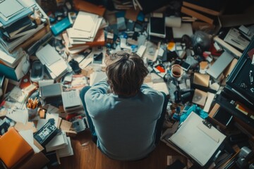A person surrounded by clutter sits in deep thought. The overwhelming chaos of objects represents the struggle for clarity and organization. Finding peace in the mess. Generative AI