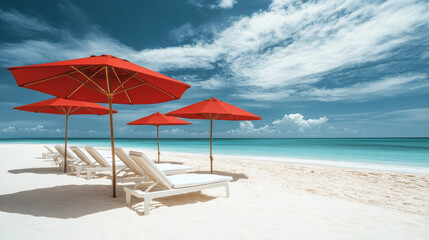 Fototapeta premium Tropical beach escape under red umbrellas on a sunny day