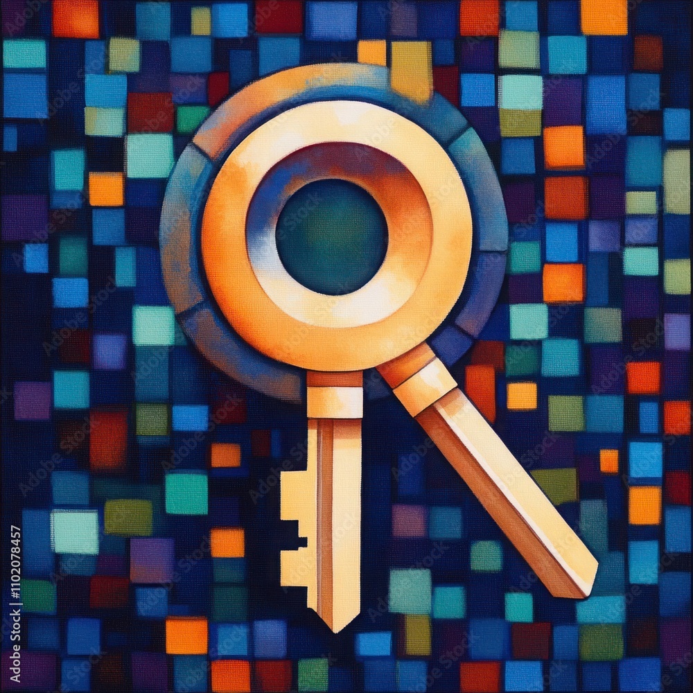 Aufkleber abstract art piece featuring a colorful key and eye-catching square background with vibrant hues and