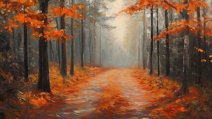 Fototapeta premium A serene autumn forest path with vibrant orange leaves and a misty atmosphere.