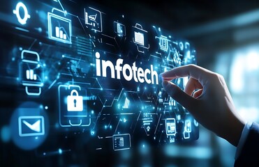 Hand interacting with an interactive screen displaying digital infotech graphics in a modern setting