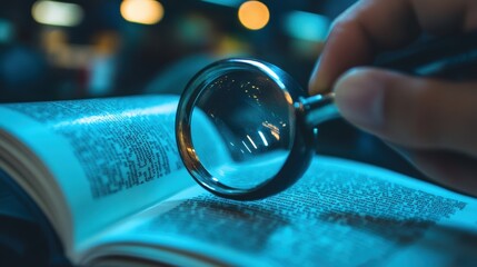 A person carefully examines the text of an open book through a magnifying glass, with a blurred background of warm lights creating a cozy ambiance.