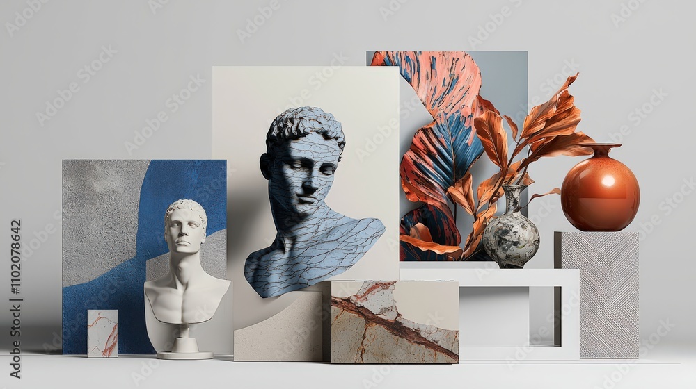 Poster artistic display of modern statues and textures indoor studio graphic mockup minimalist design creat