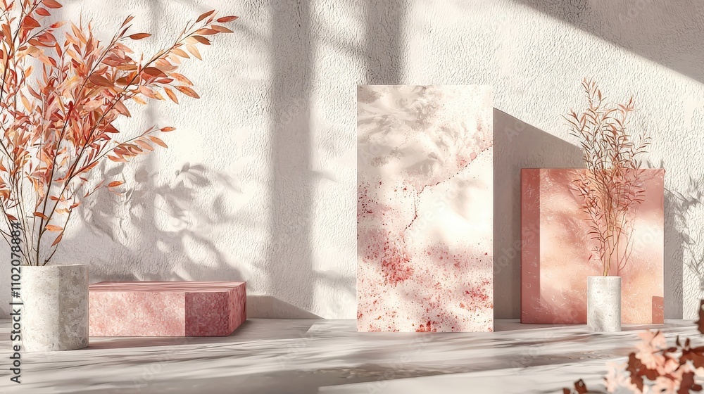 Poster Artistic presentation of textured mockups with natural elements in a minimalist setting for design inspiration
