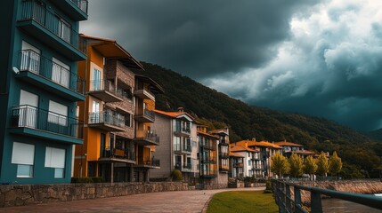 Dramatic storm clouds loom over colorful residential buildings by the riverbank