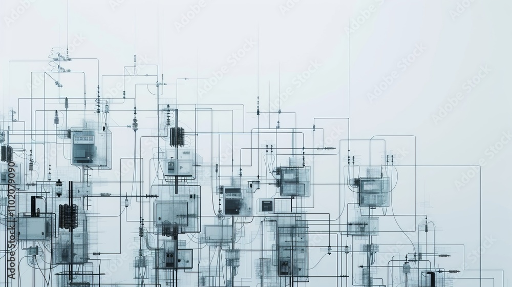 Poster a complex and abstract visual of an interconnected grid of industrial wiring and control boxes. the 