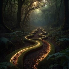 Winding path in a dark forest: glowing bioluminescent material. Mystical digital art.