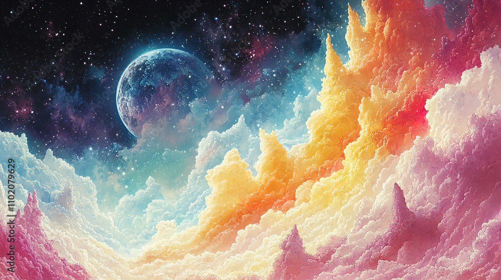 Poster vibrant cosmic landscape featuring colorful clouds and a distant planet in a starry sky. generative 