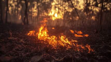 A forest fire is burning in the woods