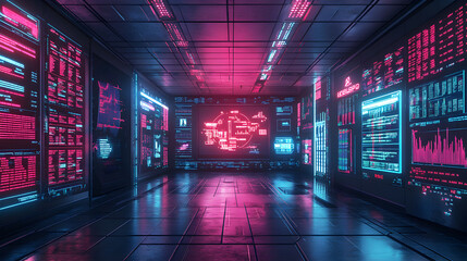 Futuristic data hub high-tech environment digital display cyberpunk aesthetic virtual space innovation overview