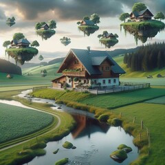Charming farmhouse in a green valley, with houses floating above. A whimsical digital landscape.