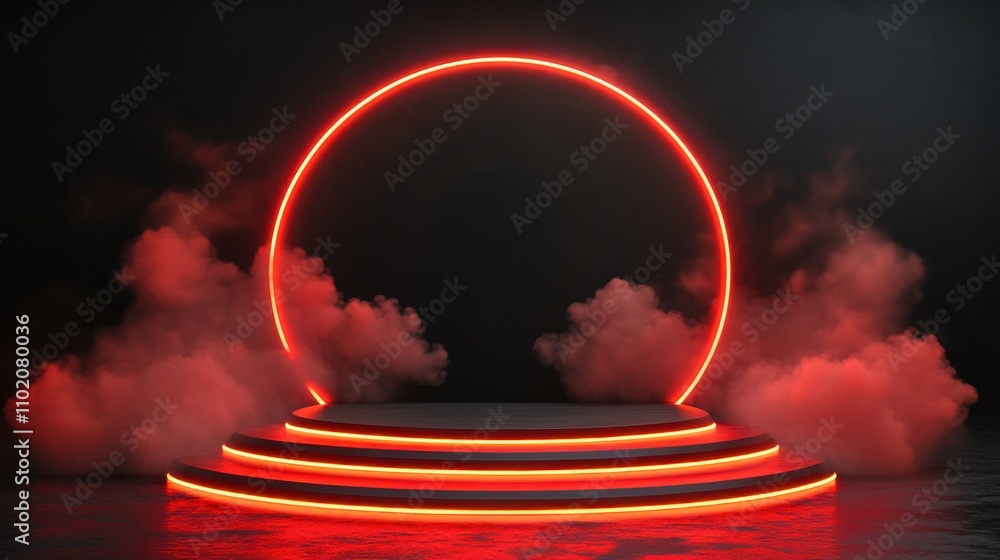 Poster neon circle with fog in dark space ideal for abstract backgrounds