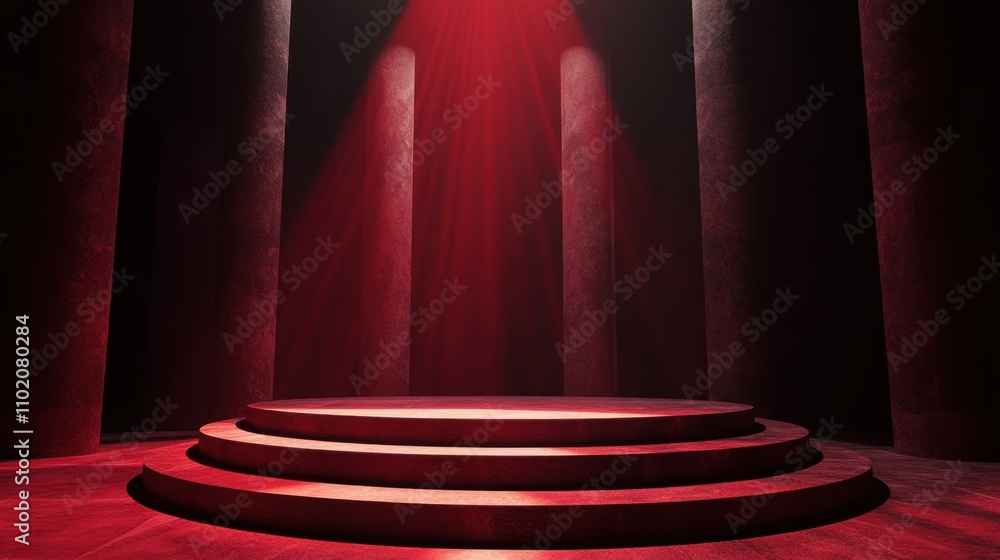 Poster Stage with Red Lighting and Columns for Dramatic Performance Setting