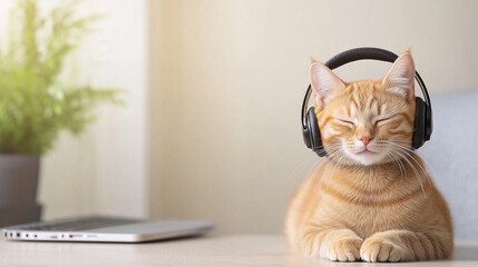 A happy cat with headphones on his head sits on the chair in a bright room