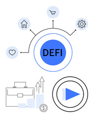 DEFI logo surrounded by icons of a house, shopping cart, gear, heart, briefcase, arrows, and play button. Ideal for finance, technology real estate healthcare investment growth digital