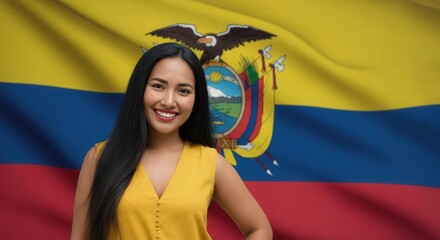Confident woman smiling in front of ecuadorian flag, celebrating cultural heritage