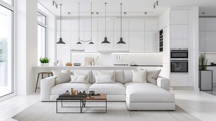 modern white living room with a kitchen