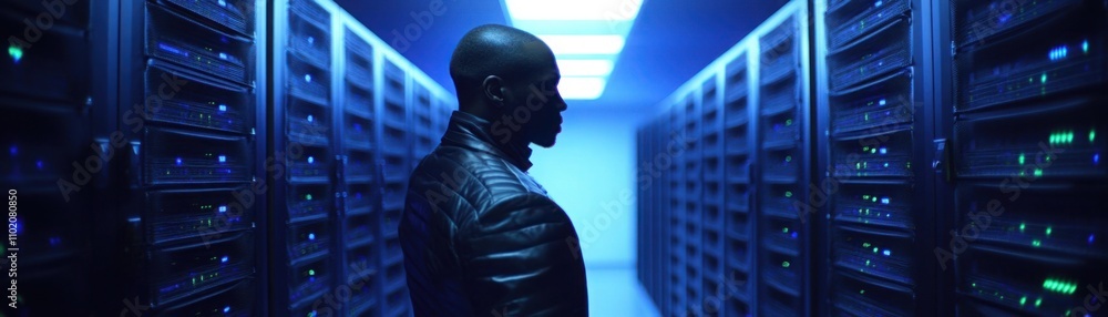 Aufkleber profile of a focused individual in a server room surrounded by data storage systems illuminated by b
