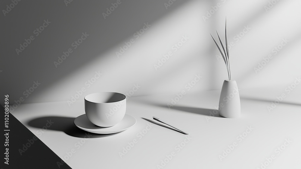 Poster serene atmosphere elegant minimalist table setting mockup featuring modern cup and close-up photogra