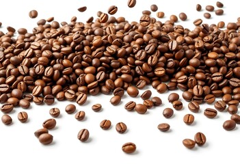 Naklejka premium Coffee beans falling in the air isolated on a white background. Coffee beans flying. 