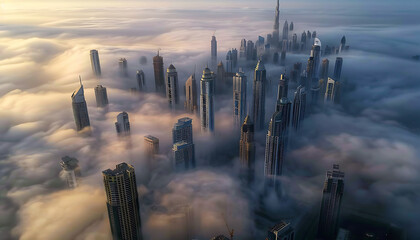 Fog over the Photograph Aerial view of the Dubai skyline with building