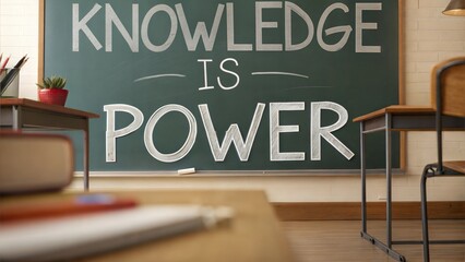 Board with motivational quote "Knowledge is power" in class on International Education Day