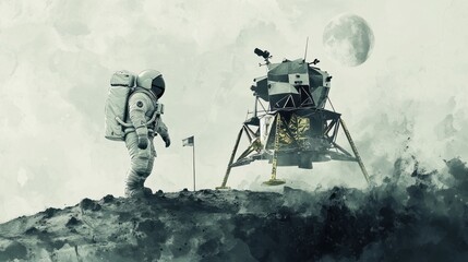 Fototapeta premium Astronaut Exploring Lunar Landscape with Lunar Lander and Moon