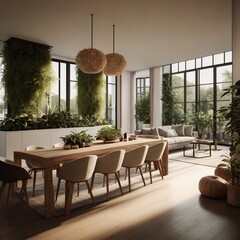 Modern dining room: wooden table, beige chairs, and vertical garden. Bright interior design.