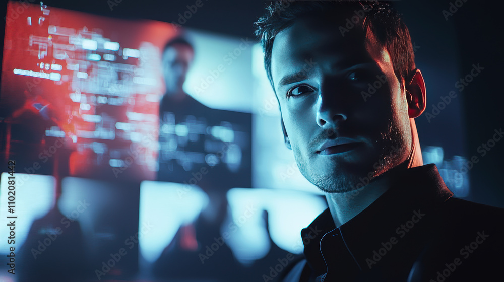 Poster professional man in dark setting, illuminated by screens displaying data. atmosphere is intense and 