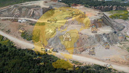 aerial view shot mining, dumpers, quarrying extractive industry stripping work. Big Mining Trucks. View from drone at opencast mining with lots of machinery trucks. High quality photo