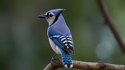 Fototapeta premium Blue jay perched on a branch, facing right, in a natural setting.