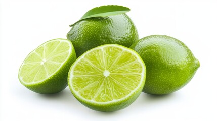 Green lime with cut in half and slices isolated on white background
