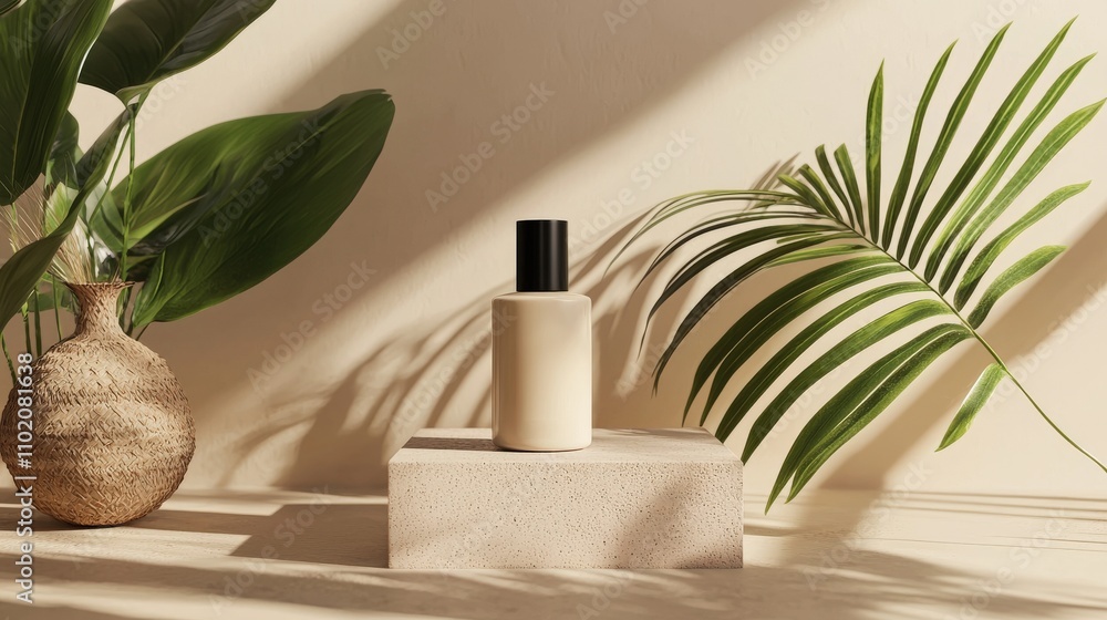 Poster product design showcase sleek bottle on concrete display minimalist setting natural light modern aes