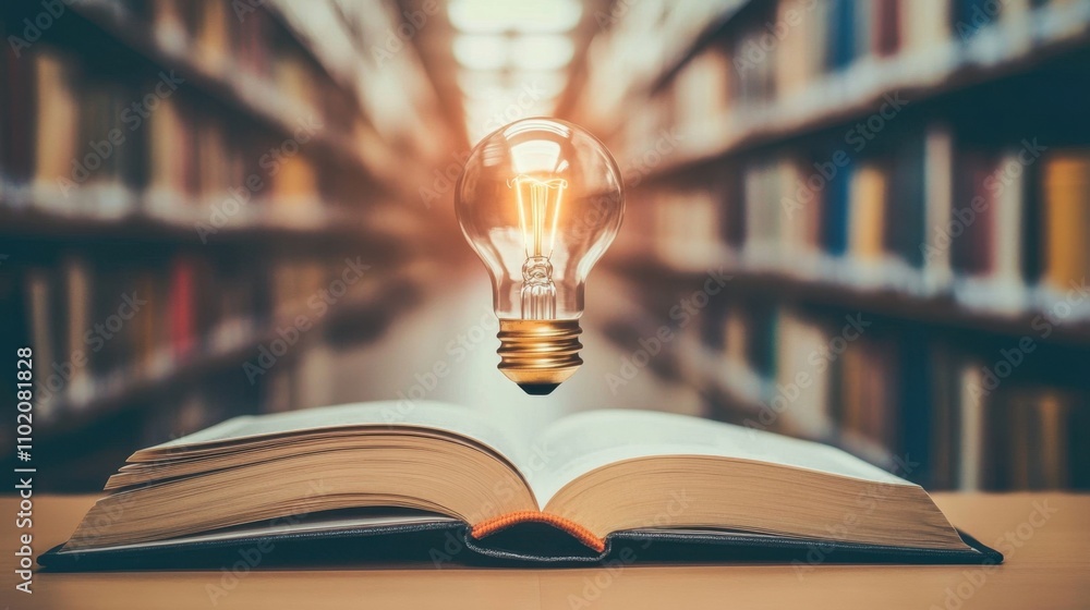 Poster open book with light bulb floating above in library setting