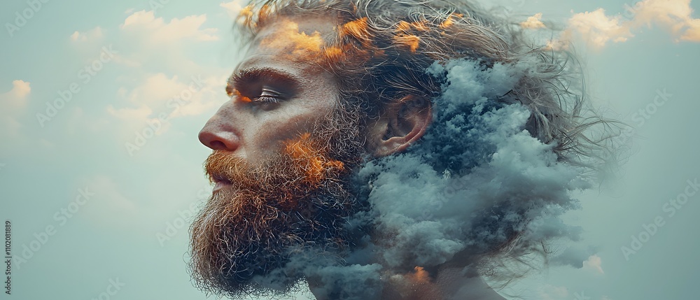 Poster surreal double exposure portrait of a man with flowing clouds merging into his hair, symbolizing dre
