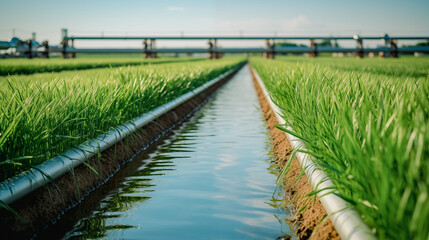 Reflective Waterline Across Lush Green Rice Fields