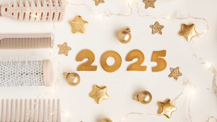 Soft pink background with hairdressing accessories and numbers 2025. Congratulatory horizontal...