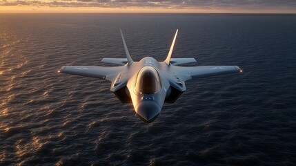 A sleek jet fighter soars just above a runway at sunset, highlighting its aerodynamic structure and powerful engines as it prepares for takeoff in a dramatic display of aviation technology