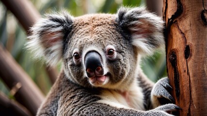 Obraz premium Koala on a tree with blurred green background