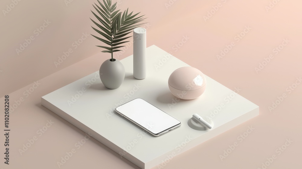 Poster contemporary minimalist phone display with decorative elements in a calm home aesthetic visual mocku