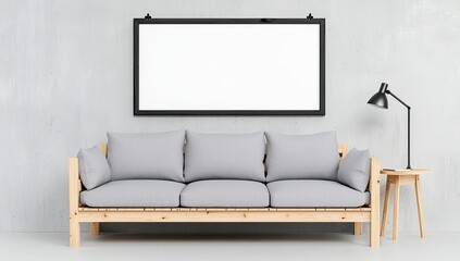 The minimalist living room shows a blank canvas, a sofa, a plant, and a lamp, symbolizing creativity and potential.