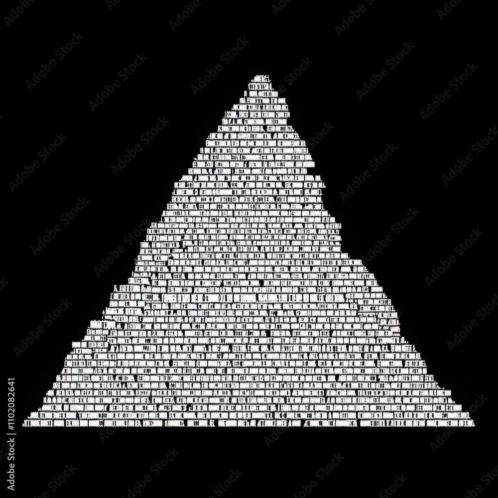 Poster monochromatic pyramid shape created with text characters representing various words on a black backg