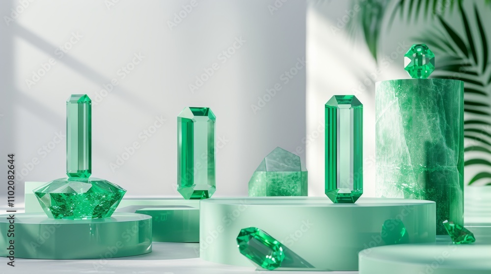 Poster a collection of polished green crystal gemstones in geometric shapes displayed on various platforms.